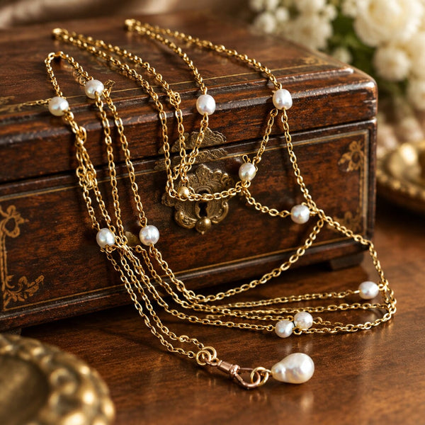 Antique Victorian 14K Gold Pearl Muff Guard Watch Chain