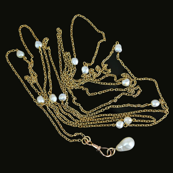 Antique Victorian 14K Gold Pearl Muff Guard Watch Chain