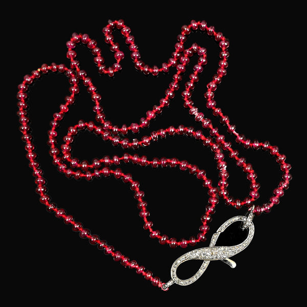 Long Garnet Bead Necklace Sterling Diamond Infinity Clasp