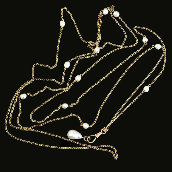 Antique Victorian 14K Gold Pearl Muff Guard Watch Chain