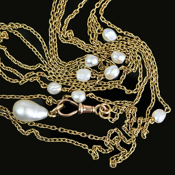 Antique Victorian 14K Gold Pearl Muff Guard Watch Chain