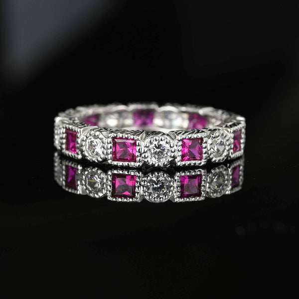 Sterling Silver Diamond Ruby Eternity Ring Band - Boylerpf