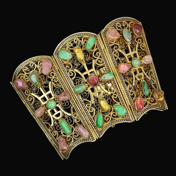Vintage Sterling Silver Gilt Filigree Gemstone Cuff Bracelet