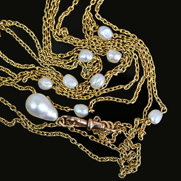 Antique Victorian 14K Gold Pearl Muff Guard Watch Chain