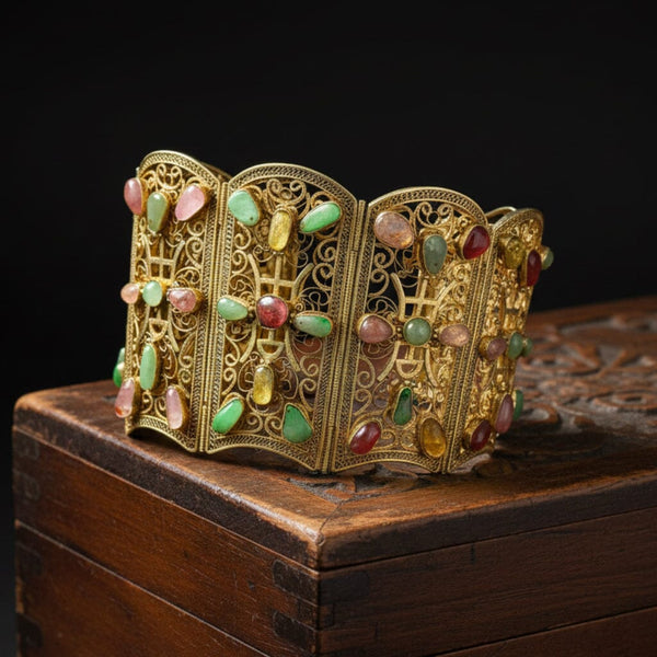 Vintage Sterling Silver Gilt Filigree Gemstone Cuff Bracelet