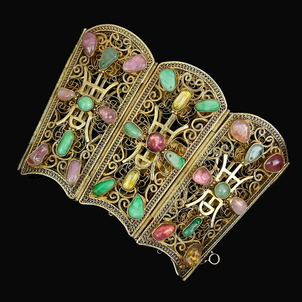 Vintage Sterling Silver Gilt Filigree Gemstone Cuff Bracelet