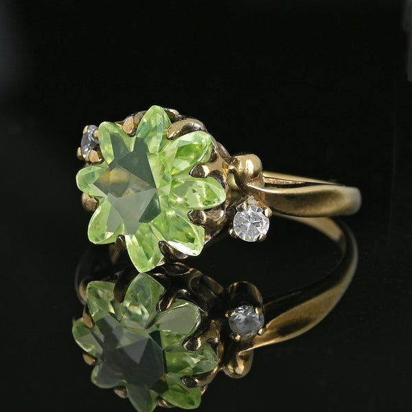 Retro Gold Floral Fancy Cut Green Spinel Ring, Sapphire Accents - Boylerpf