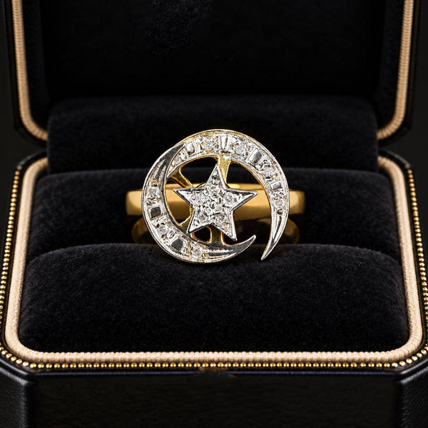 Vintage 14K Gold Diamond Kinetic Spinner Ring, Star & Moon
