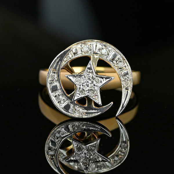 Vintage 14K Gold Diamond Kinetic Spinner Ring, Star & Moon