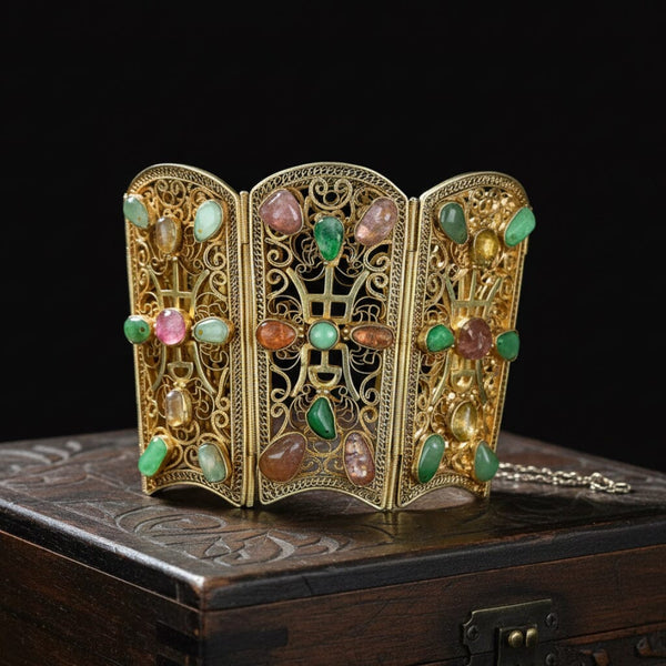Vintage Sterling Silver Gilt Filigree Gemstone Cuff Bracelet