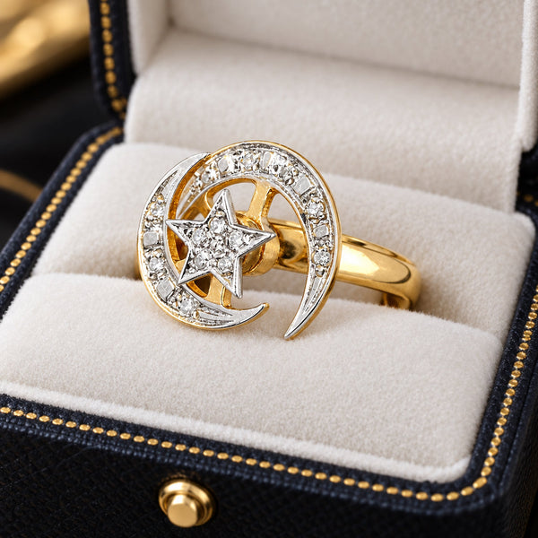 Vintage 14K Gold Diamond Kinetic Spinner Ring, Star & Moon