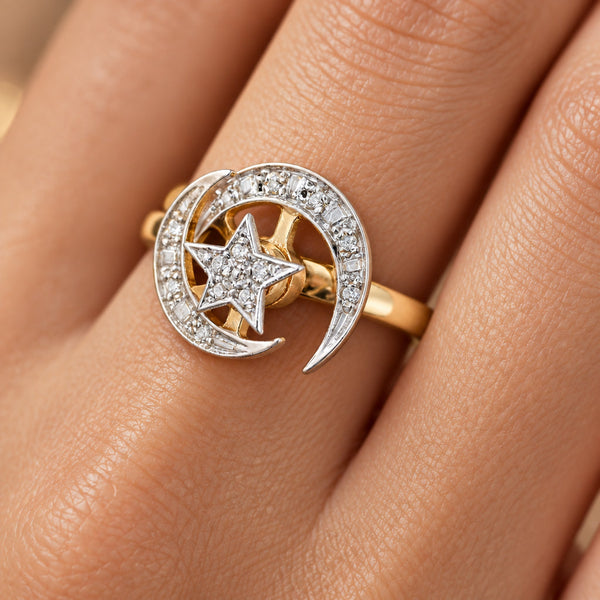 Vintage 14K Gold Diamond Kinetic Spinner Ring, Star & Moon