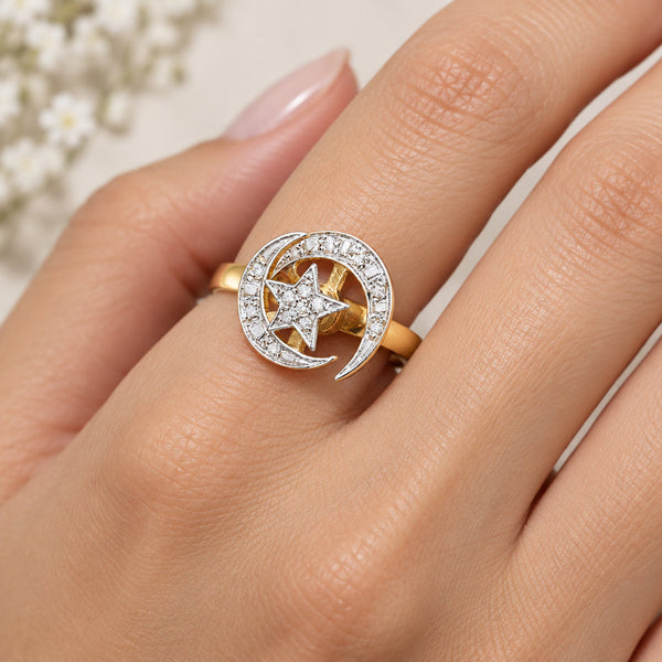 Vintage 14K Gold Diamond Kinetic Spinner Ring, Star & Moon