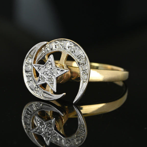 Vintage 14K Gold Diamond Kinetic Spinner Ring, Star & Moon