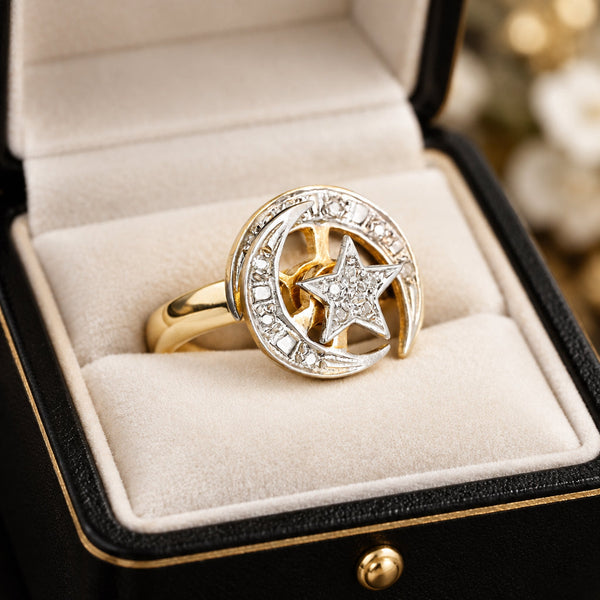 Vintage 14K Gold Diamond Kinetic Spinner Ring, Star & Moon