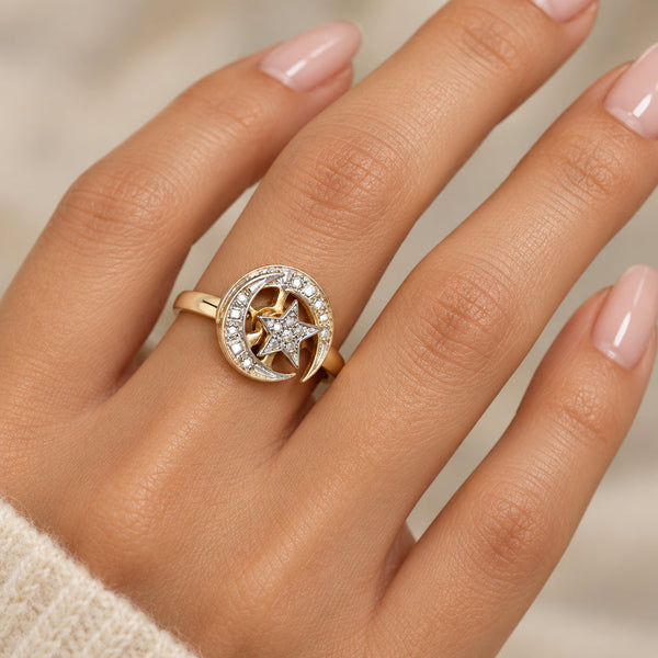 Vintage 14K Gold Diamond Kinetic Spinner Ring, Star & Moon