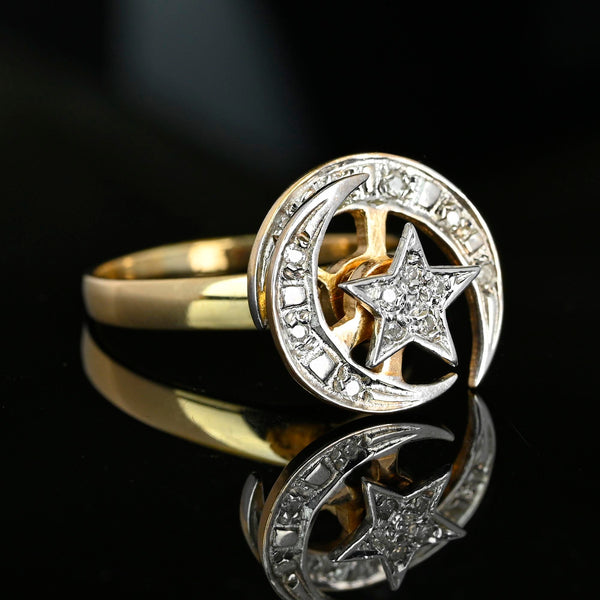 Vintage 14K Gold Diamond Kinetic Spinner Ring, Star & Moon