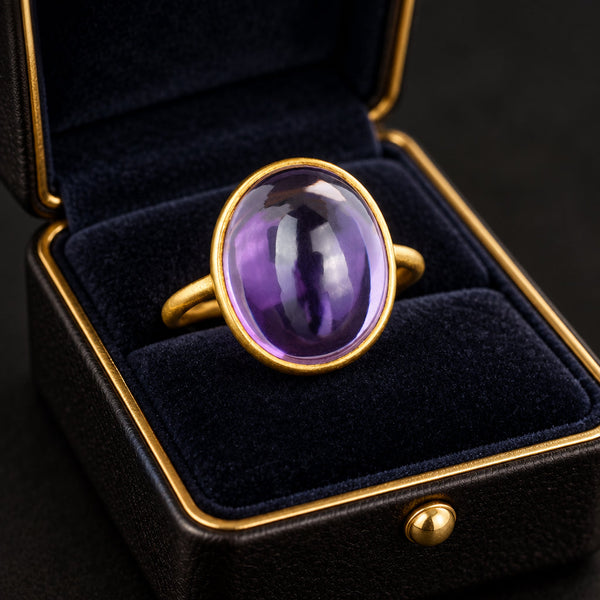 Vintage Natural Amethyst Cabochon 18K Gold Ring