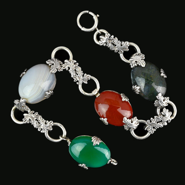 Arts & Crafts Silver Moss Agate Carnelian Chrysoprase Bracelet - Boylerpf