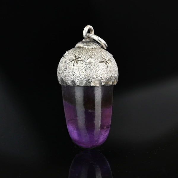 Arts & Crafts Silver Star Engraved Amethyst Acorn Pendant - Boylerpf