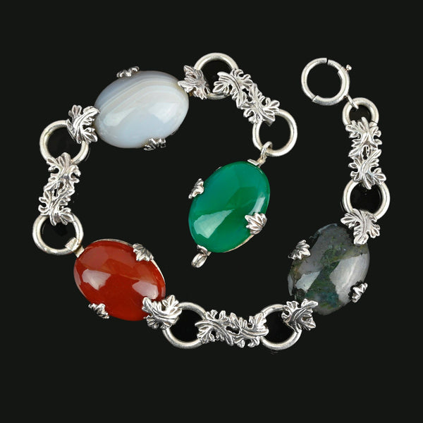 Arts & Crafts Silver Moss Agate Carnelian Chrysoprase Bracelet - Boylerpf