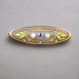 Antique Gold Krementz Enamel Leaf Pearl Sapphire Brooch - Boylerpf