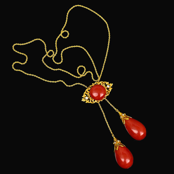 Antique Edwardian 18K Gold Coral Diamond Necklace