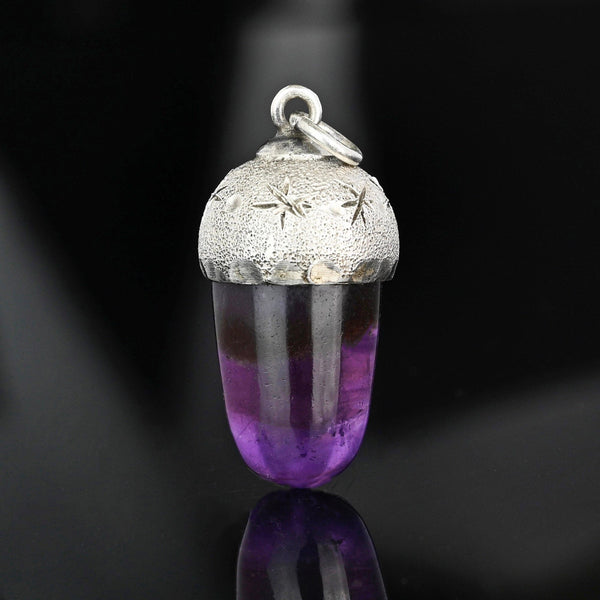 Arts & Crafts Silver Star Engraved Amethyst Acorn Pendant - Boylerpf