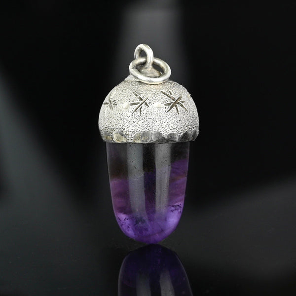 Arts & Crafts Silver Star Engraved Amethyst Acorn Pendant - Boylerpf