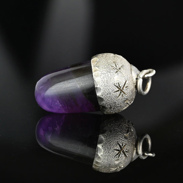 Arts & Crafts Silver Star Engraved Amethyst Acorn Pendant - Boylerpf