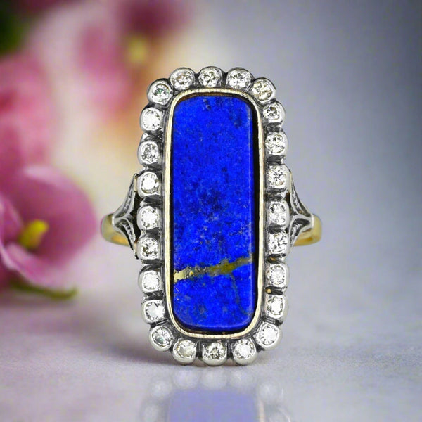 Art Deco 1.02 CTW Mine Cut Diamond Halo Lapis Lazuli Ring - Boylerpf