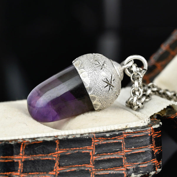 Arts & Crafts Silver Star Engraved Amethyst Acorn Pendant - Boylerpf