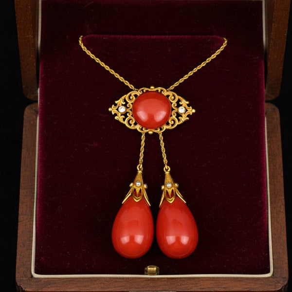 Antique Edwardian 18K Gold Coral Diamond Necklace