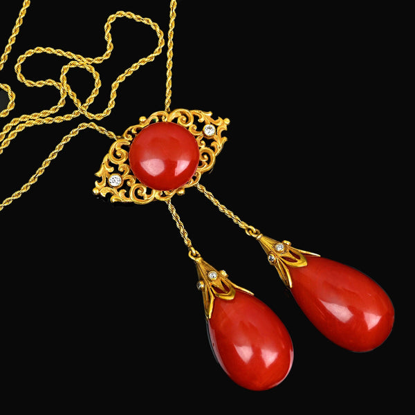 Antique Edwardian 18K Gold Coral Diamond Necklace