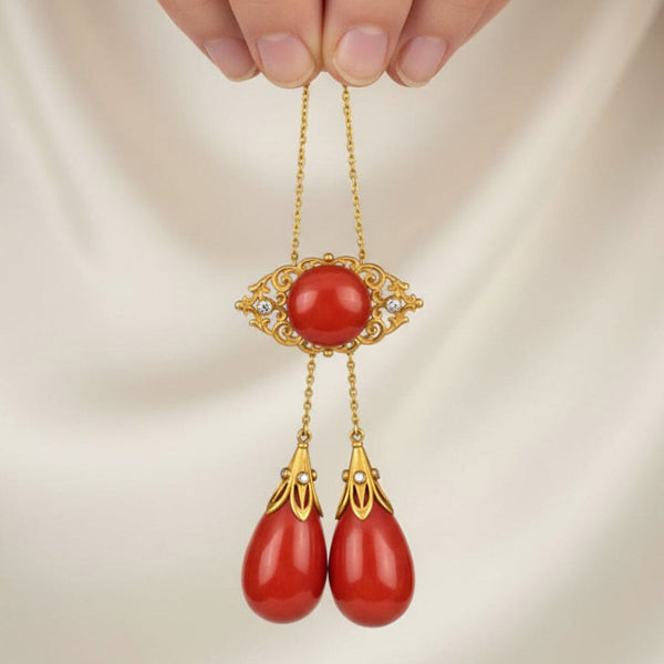 Antique Edwardian 18K Gold Coral Diamond Necklace