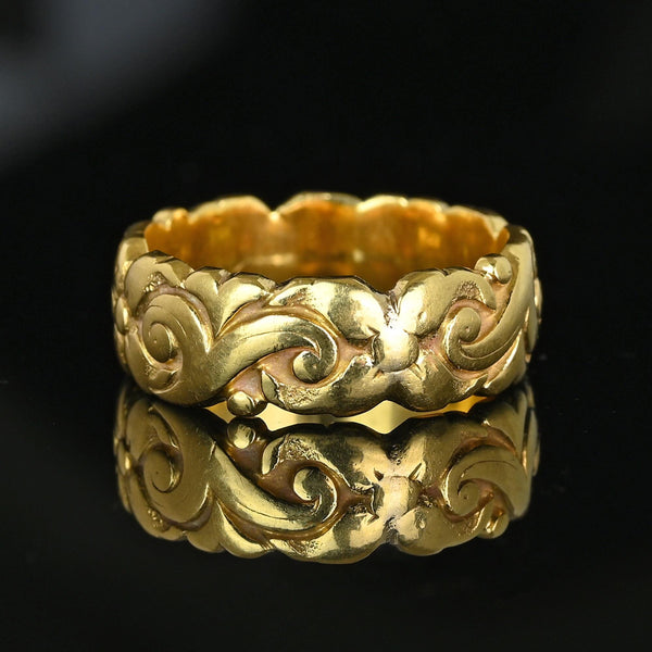 Antique 18K Gold Floral Carved Wide Wedding Ring Band - Boylerpf