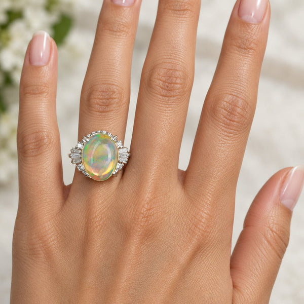 Vintage 3.70ct Jelly Opal Platinum Diamond Ring