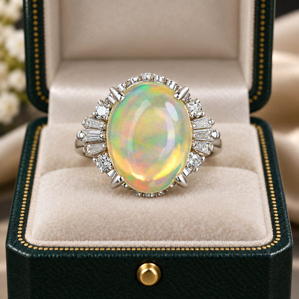 Vintage 3.70ct Jelly Opal Platinum Diamond Ring
