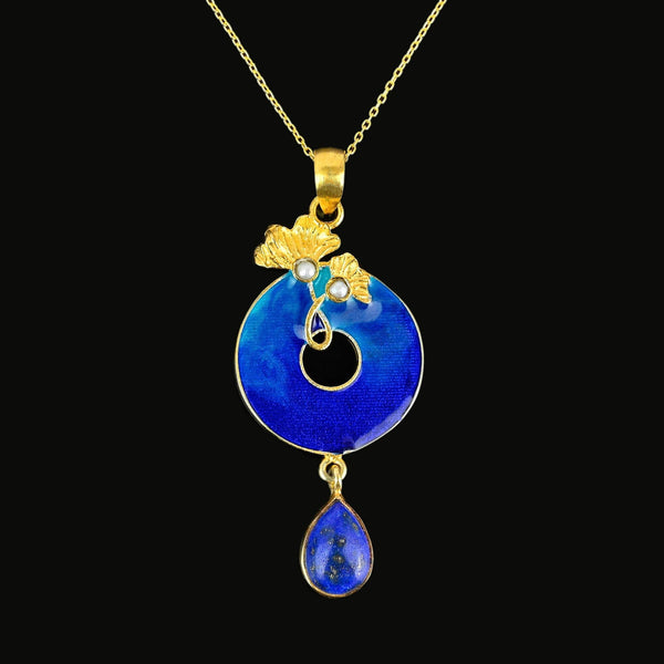 Art Nouveau Style Gold Vermeil Enamel Lapis Lazuli Necklace - Boylerpf