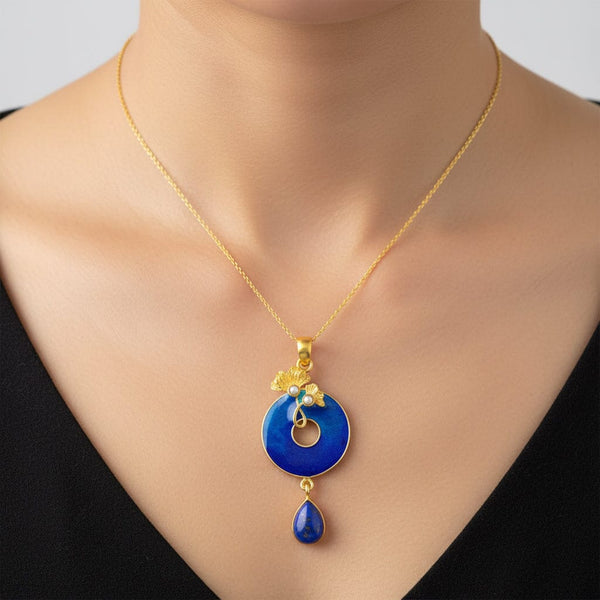 Art Nouveau Style Gold Vermeil Enamel Lapis Lazuli Necklace - Boylerpf