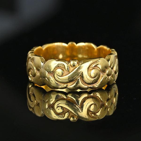 Antique 18K Gold Floral Carved Wide Wedding Ring Band - Boylerpf