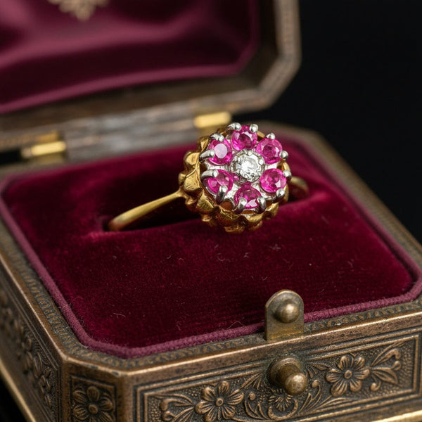 Vintage 14K Gold Ruby Diamond Thistle Ring Floral Halo - Boylerpf