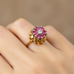Vintage 14K Gold Ruby Diamond Thistle Ring Floral Halo - Boylerpf