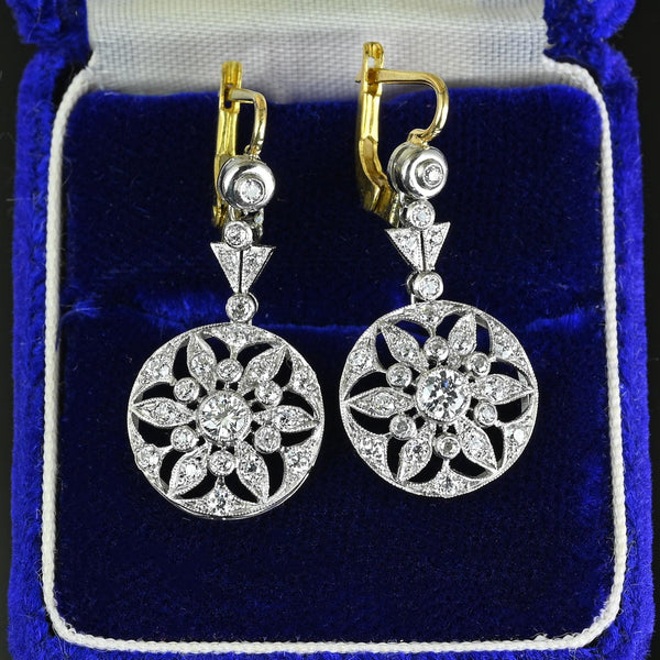 Art Deco Platinum Diamond Cluster Dangle Earrings - Boylerpf
