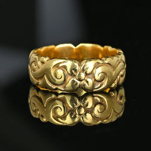 Antique 18K Gold Floral Carved Wide Wedding Ring Band - Boylerpf