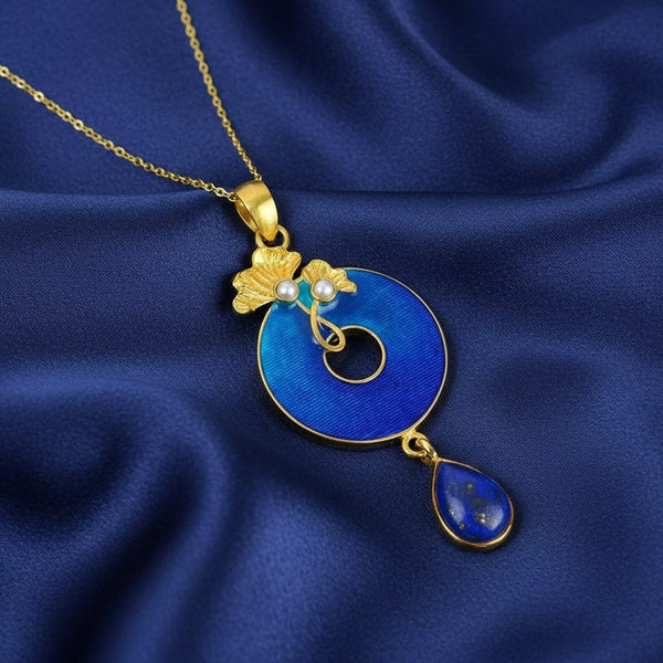Art Nouveau Style Gold Vermeil Enamel Lapis Lazuli Necklace - Boylerpf