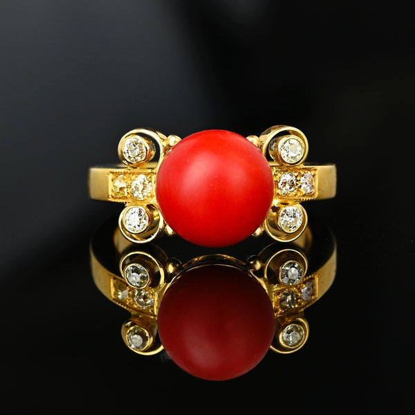 18K Gold Diamond Large Red Orange Mediterranean Coral Ring - Boylerpf