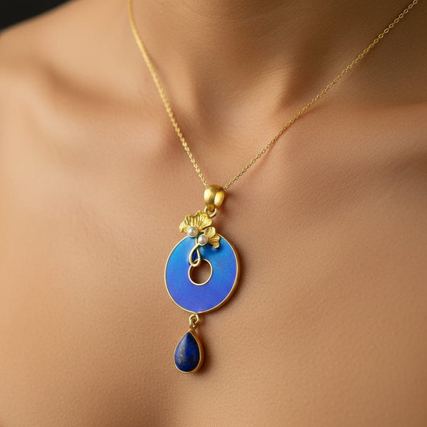 Art Nouveau Style Gold Vermeil Enamel Lapis Lazuli Necklace - Boylerpf
