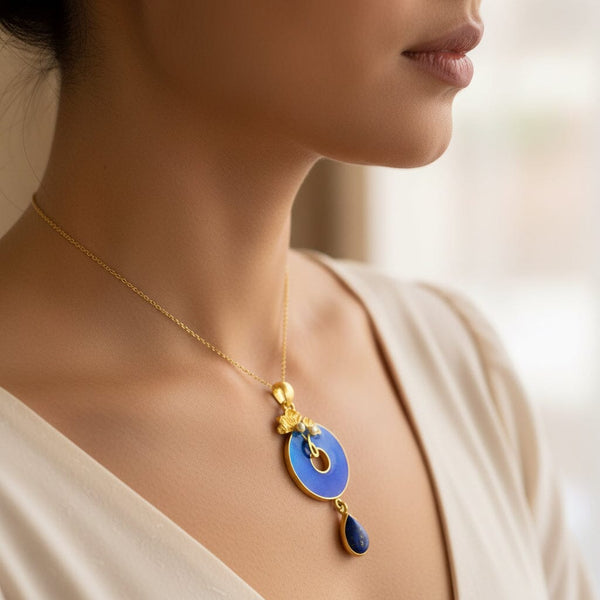 Art Nouveau Style Gold Vermeil Enamel Lapis Lazuli Necklace - Boylerpf