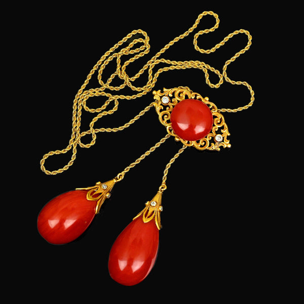 Antique Edwardian 18K Gold Coral Diamond Necklace